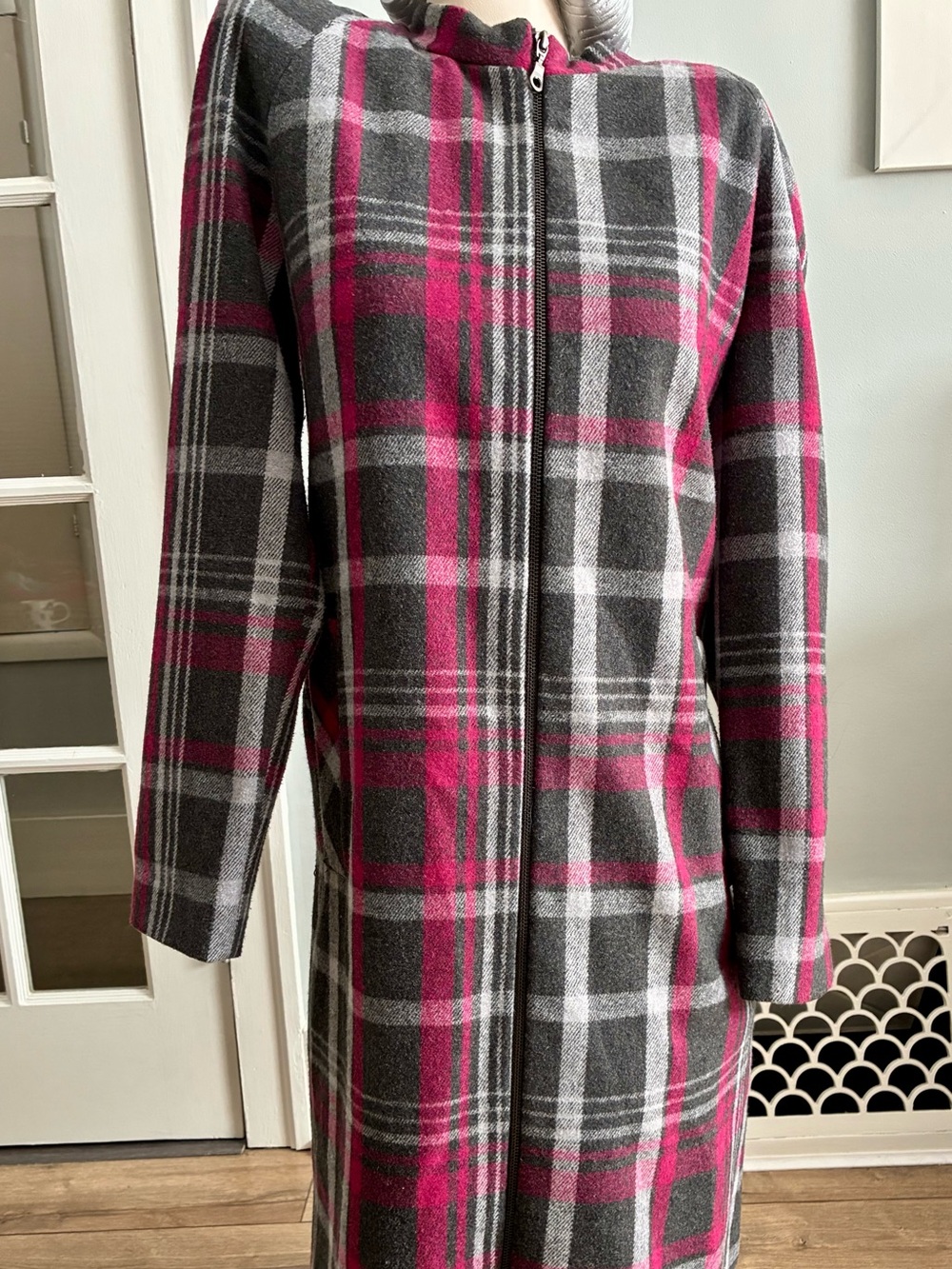 Long Tall Sally Tartan Pink Plaid Zip up Lined Fall Jacket Wool blend Size 8